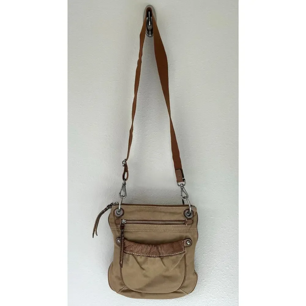 Vintage Fossil Canvas Leather Crossbody Bag Tan Utility Y2K Boho Messenger Purse